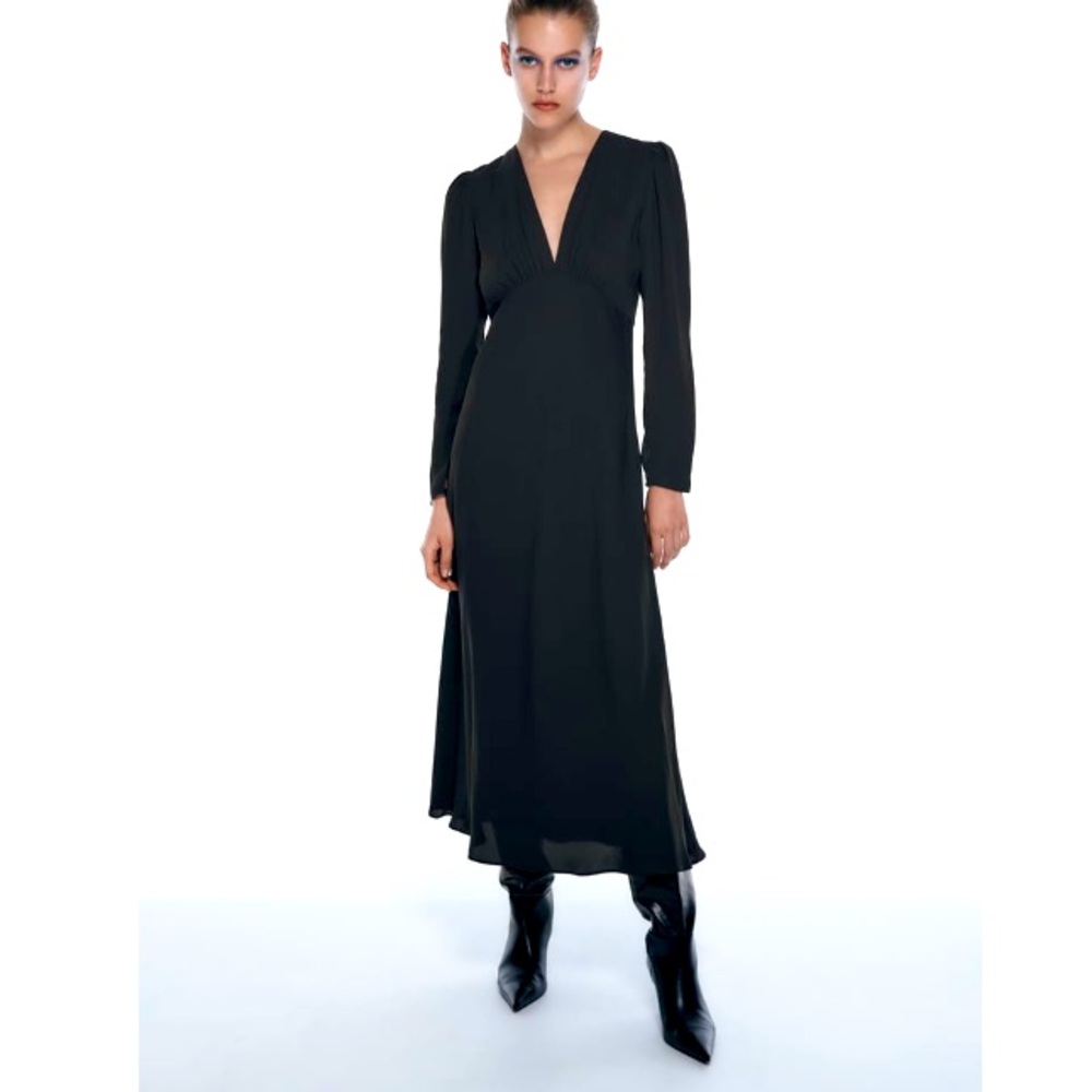 Zara Flowy midi dress, V-neck, size Large, black